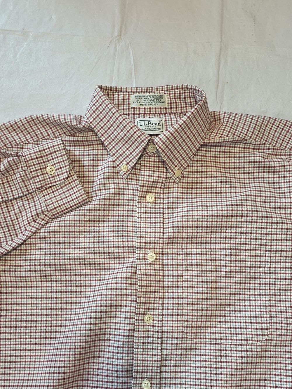 L.L. Bean Men's Button-Down Plaid Check‎ Dress Shirt Red Gray White 15.5/33